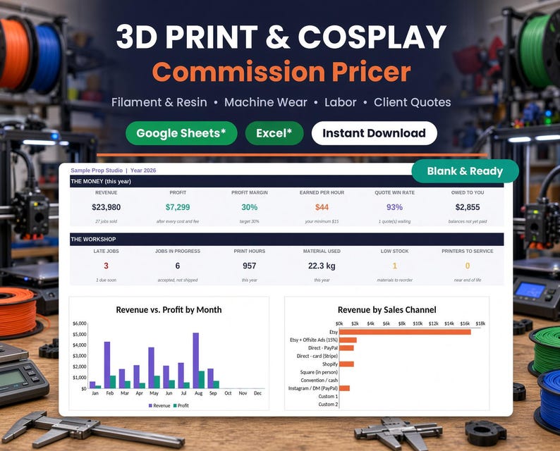 3D print and cosplay commission pricer spreadsheet for Google Sheets and Excel covering filament and resin cost, machine wear, labor and client quotes