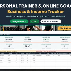 Personal trainer and online coach business income tracker spreadsheet for Google Sheets and Excel with session packages, online MRR, gym rent and true hourly rate