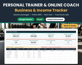 Personal Trainer Spreadsheet | Client Tracker & Session Package Log | Online Fitness Coach Income, Gym Profit | Google Sheets* Excel*