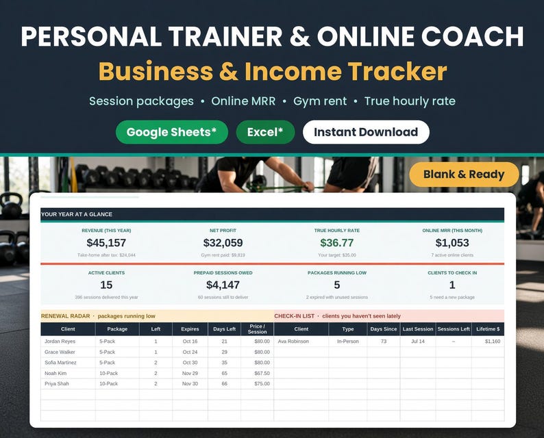 Personal trainer and online coach business income tracker spreadsheet for Google Sheets and Excel with session packages, online MRR, gym rent and true hourly rate