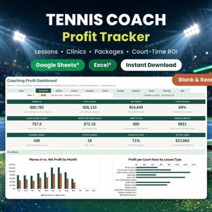 Tennis coach profit tracker spreadsheet for Google Sheets and Excel showing lesson, clinic and package income with court time ROI dashboard