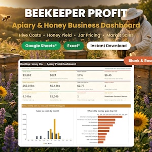 Beekeeper profit apiary and honey business dashboard spreadsheet for Google Sheets and Excel with hive costs, honey yield, jar pricing and market sales