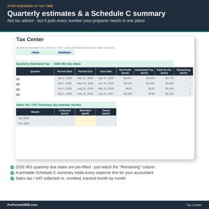 Tax Center tab with a quarterly estimated tax planner, sales tax and VAT summary, and a printable Schedule C style year-end tax summary for self employed filers