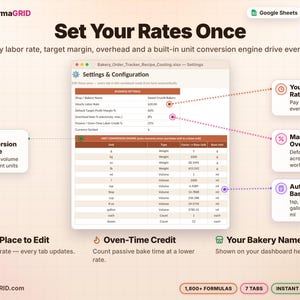 Bakery settings tab with hourly labor rate, target profit margin, overhead rate and a unit conversion engine for weight, volume and count