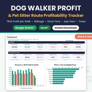 Dog walker and pet sitter route profitability tracker cover with Google Sheets* and Excel* badges and a dashboard showing revenue, TRUE profit and TRUE hourly rate.
