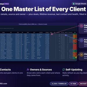 Client and lead list spreadsheet with contact details, source and owner plus automatic duplicate check, number of deals, lifetime revenue, last contact date and client health status