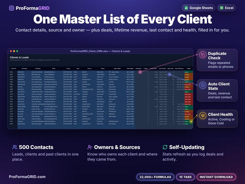Client and lead list spreadsheet with contact details, source and owner plus automatic duplicate check, number of deals, lifetime revenue, last contact date and client health status