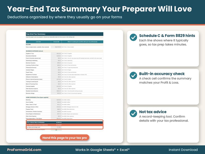 Year-end daycare tax summary organizing deductions by Schedule C and Form 8829 hints, with an accuracy check cell. Record-keeping tool, not tax advice.
