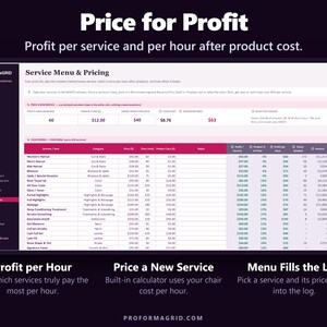 Service menu with profit per hour for every hair, nail and lash service