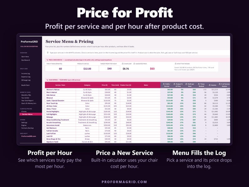 Service menu with profit per hour for every hair, nail and lash service