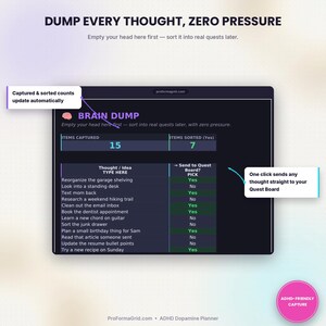 Brain Dump tab for capturing scattered thoughts before sorting them into quests, in this gamified ADHD Google Sheets and Excel template.