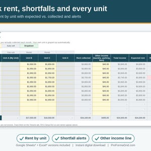 Monthly rental income tracker by unit with expected versus collected rent and shortfall alerts for a multi-family property