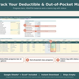 Insurance tab with deductible and out-of-pocket max progress bars, HSA and FSA balance and claims log.