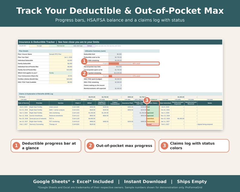 Insurance tab with deductible and out-of-pocket max progress bars, HSA and FSA balance and claims log.