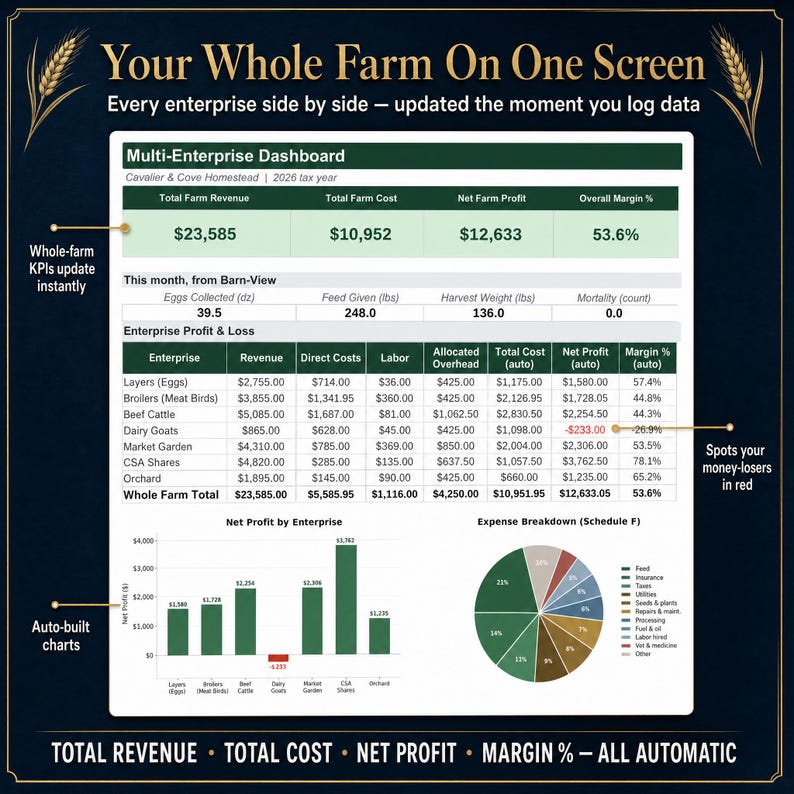 Multi-enterprise farm dashboard showing total revenue, total cost, net profit and margin percent for every homestead enterprise side by side with auto-built charts
