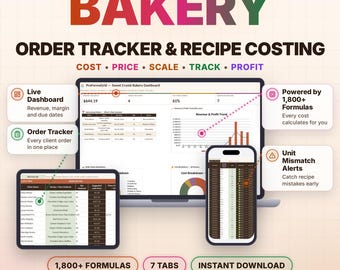 Comprehensieve Bakery Order Tracker & Recipe Costing Spreadsheet, Home Baker Pricing Calculator (Google Sheets, Excel)