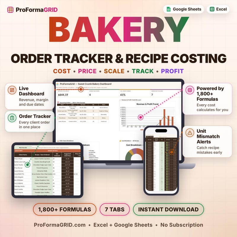 Comprehensive Bakery Order Tracker & Recipe Costing Spreadsheet preview