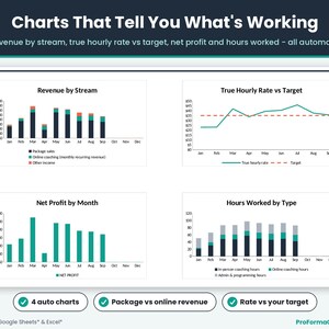 Visual dashboard charts showing revenue by stream, true hourly coaching rate versus target, net profit, and total admin and coaching hours worked.