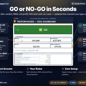 House flipping calculator dashboard with instant GO / NO-GO verdict, maximum allowable offer, net profit, ROI and cash-on-cash return for real estate investors