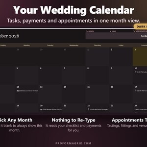 Dark mode wedding calendar showing tasks, payments and appointments in a month view.