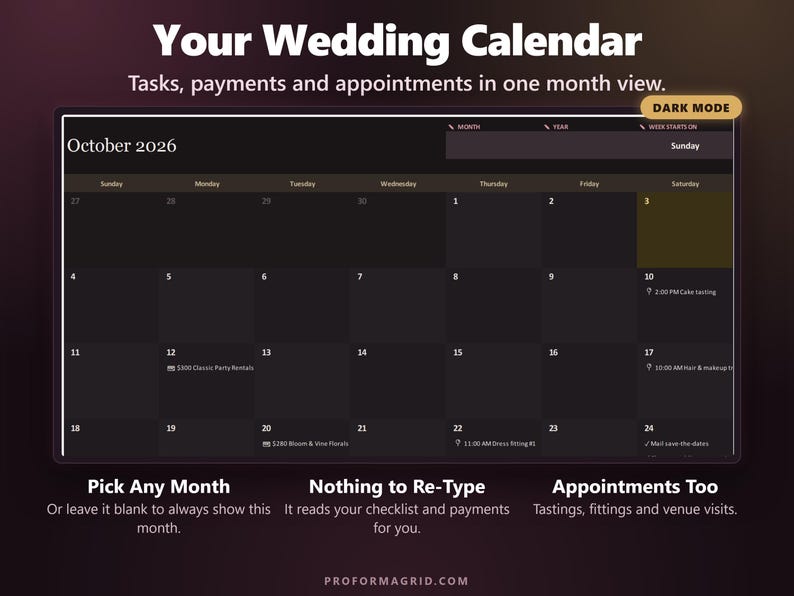 Dark mode wedding calendar showing tasks, payments and appointments in a month view.