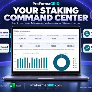 以下が含まれることがあります： ProFormaGRIDステーキングコマンドセンターダッシュボードを表示するノートパソコン。画面には、合計ステーキング価値、報酬、APY、収益予測などの財務指標に加え、棒グラフとトークン配分を示すドーナツグラフが表示されています。