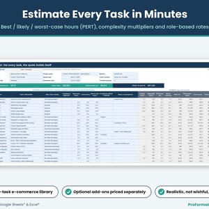Project estimator tab with PERT three-point task hours, complexity multipliers, role rate calculations, and add-on options.