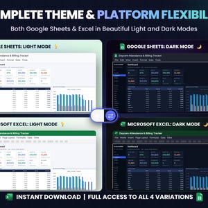 Four-panel image showing the daycare tracker dashboard in Google Sheets* light mode, Google Sheets* dark mode, Microsoft* Excel* light mode and Microsoft* Excel* dark mode.