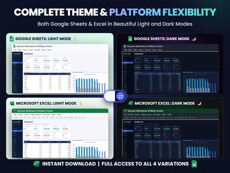Four-panel image showing the daycare tracker dashboard in Google Sheets* light mode, Google Sheets* dark mode, Microsoft* Excel* light mode and Microsoft* Excel* dark mode.