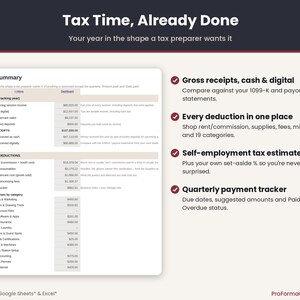 Tax summary for tattoo artists and piercers showing gross receipts by cash and digital, deductions, self-employment tax estimate and quarterly payments.