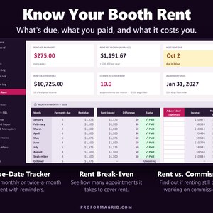 Booth rent tracker with due dates, rent as a percent of income and clients needed to cover rent
