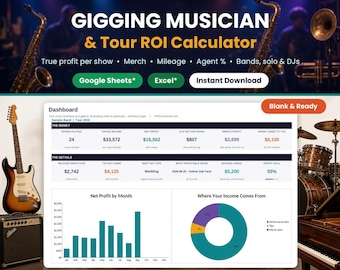 Musician Income Spreadsheet | Gig Tracker & Band Tour Budget Template | DJ Business Finance, Show Expense Calculator | Google Sheets* Excel*