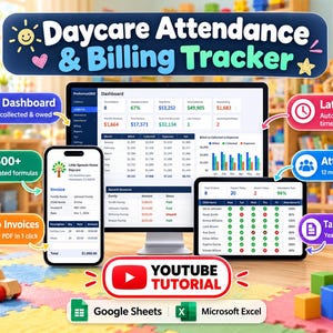 May include: A digital Daycare Attendance & Billing Tracker displayed on a computer monitor, tablet, and smartphone. The interface shows dashboards, attendance grids, and billing data. Includes Google Sheets and Microsoft Excel logos.