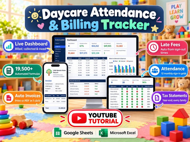 May include: A digital Daycare Attendance & Billing Tracker displayed on a computer monitor, tablet, and smartphone. The interface shows dashboards, attendance grids, and billing data. Includes Google Sheets and Microsoft Excel logos.