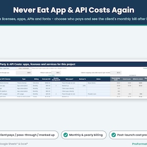 Third-party app, API and theme license cost tracker showing who pays (client directly, pass-through, marked up or absorbed) and the client's monthly costs after launch.