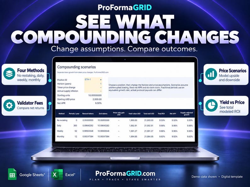 以下が含まれることがあります： ProFormaGRIDのインターフェースを表示するノートパソコンの画面。ステーキング方法、報酬トークン、純APRの表を含む複利シナリオが表示されています。画像には「SEE WHAT COMPOUNDING CHANGES」や「ProFormaGRID.com」といったテキストオーバーレイが含まれています。