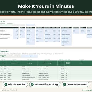 Nursery business expense calculator with editable sales channel fee table, dropdown lists and a 500-row expense log for soil, fertilizer, pots and heat packs.