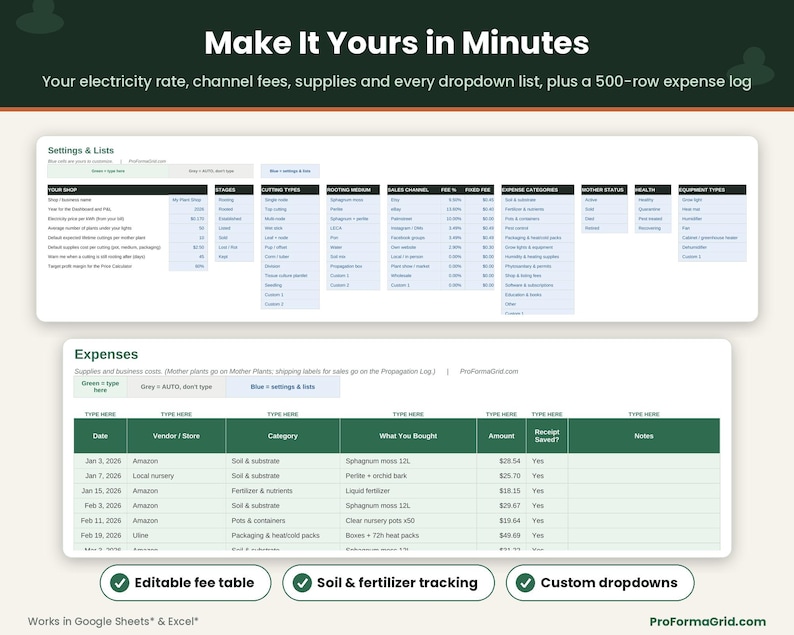 Nursery business expense calculator with editable sales channel fee table, dropdown lists and a 500-row expense log for soil, fertilizer, pots and heat packs.