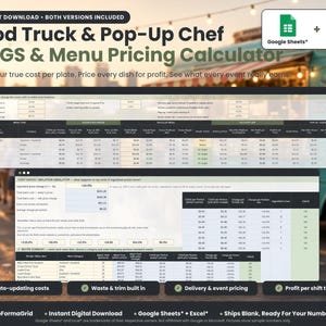Food truck and pop-up chef COGS and menu pricing calculator spreadsheet for Google Sheets and Excel showing cost per plate, profit margin and event sales dashboard