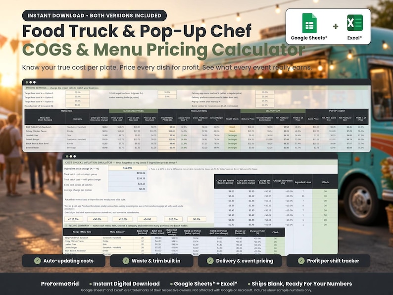 Food truck and pop-up chef COGS and menu pricing calculator spreadsheet for Google Sheets and Excel showing cost per plate, profit margin and event sales dashboard