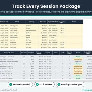 Client session package tracking sheet displaying purchase rows, sessions remaining, expiration dates, prepaid session balances, and status alerts.