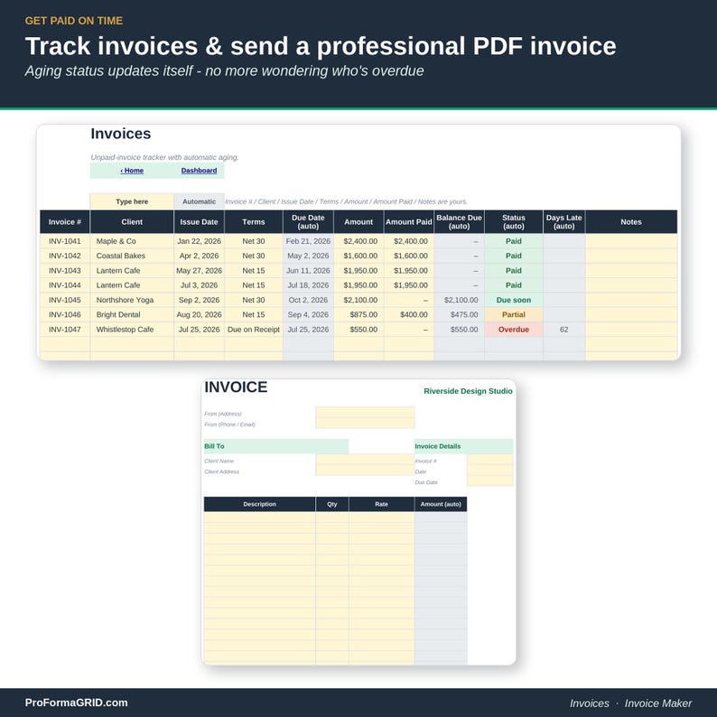 Invoices tab tracking unpaid client invoices with aging buckets for 30, 60, 90 and 90-plus days overdue, stacked above the fillable, printable Invoice Maker template