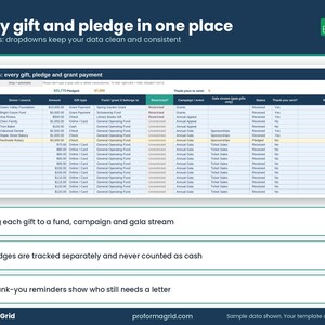 Donation tracker spreadsheet listing gifts, pledges and grant payments by fund, campaign, gala stream and thank-you status.
