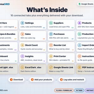 What's inside: 16 connected inventory tabs plus Excel* light and dark .xlsx files, Google Sheets* make-a-copy link PDF and PDF instructions, instant download.