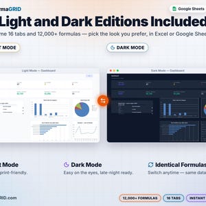 Light mode and dark mode editions of the inventory dashboard side by side, both included for Excel* and Google Sheets* with identical formulas.