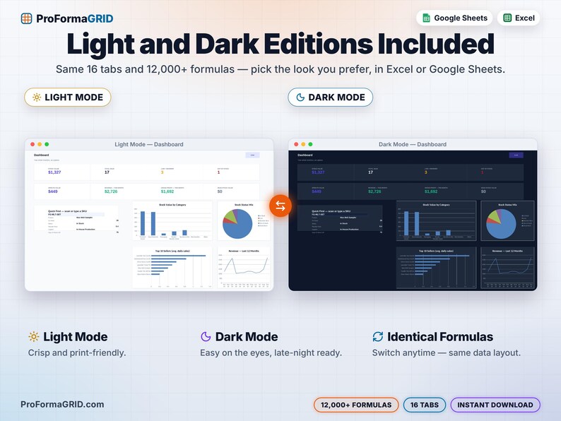 Light mode and dark mode editions of the inventory dashboard side by side, both included for Excel* and Google Sheets* with identical formulas.