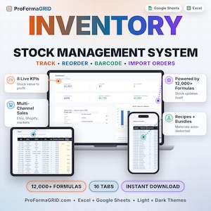 Etsy seller inventory spreadsheet template for Excel* and Google Sheets* with live stock dashboard, sales log and recipe tab shown on laptop, tablet and phone; 12,000+ formulas, 16 tabs.