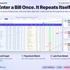 Recurring bills tab in a bill tracker spreadsheet showing frequency, next due date, days left, color-coded status pills, matching paycheck and a monthly paid checklist.