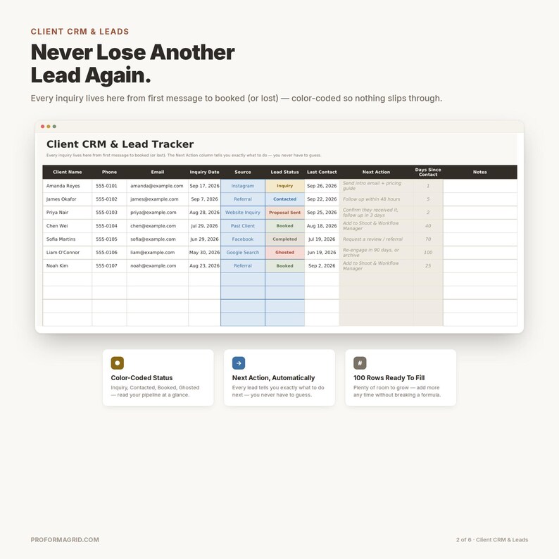 Client CRM and Leads pipeline tab tracking inquiries, next actions, and days since contact with color-coded status pills.