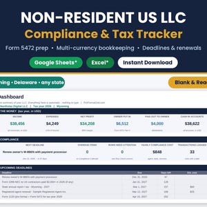 Non-Resident US LLC Compliance and Tax Tracker thumbnail with Google Sheets* and Excel* badges and a dashboard preview for foreign owned LLC bookkeeping and Form 5472 prep